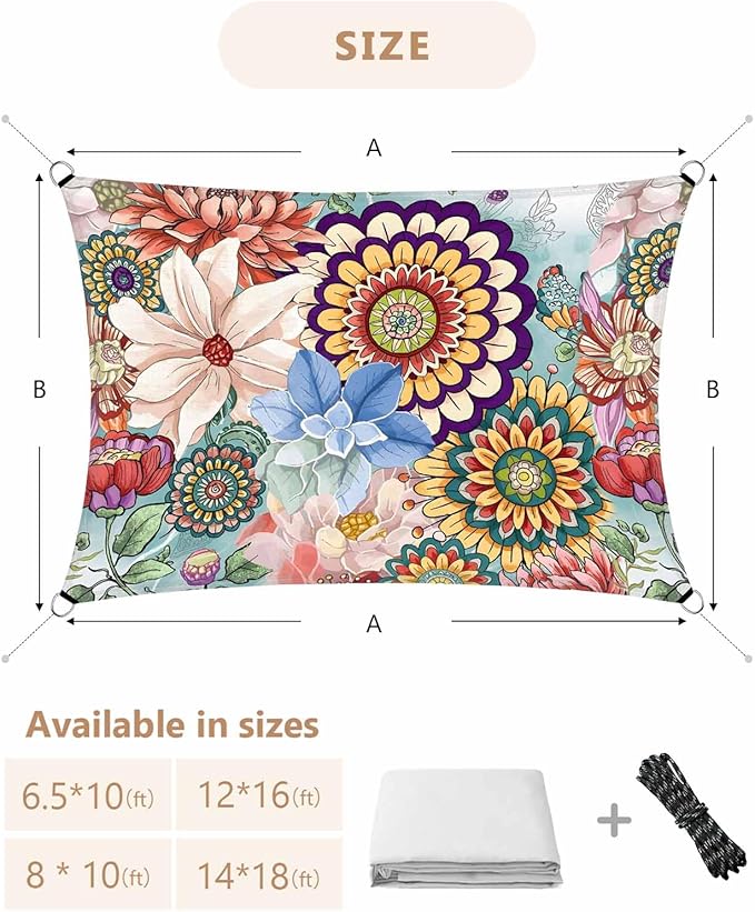 Sun Shade Sail 8'x10' Boho Floral Rectangle Sun Shade Sails Canopy Waterproof Mandala Flowers Plant Outdoor Sunshades Sand UV Block Cover Shade Cloth for Patio Backyard Garden Deck Porch Lawn