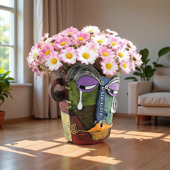 Picasso Abstract Face Flower Pot,Unique Resin Crafted Planter with Drainage Holes,Interesting Colorful Planter with Human face,for Indoor and Outdoor Botanical Home décor (Tears)