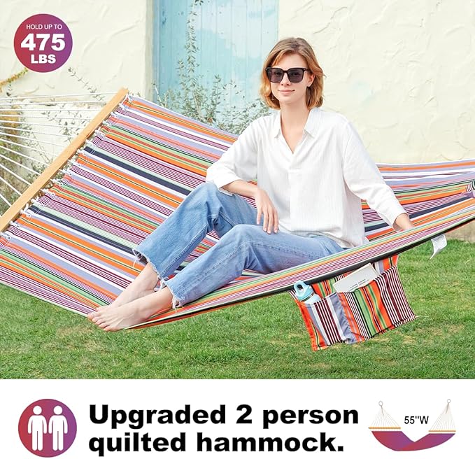 2 Person 12FT Hammocks for Outside, Double Quilted Fabric Outdoor Hammock with Spreader Bar, Large Removable Pillow, Storage Pockets, Carabiners, Max 475 lbs Capacity (Sunset Red Stripe)