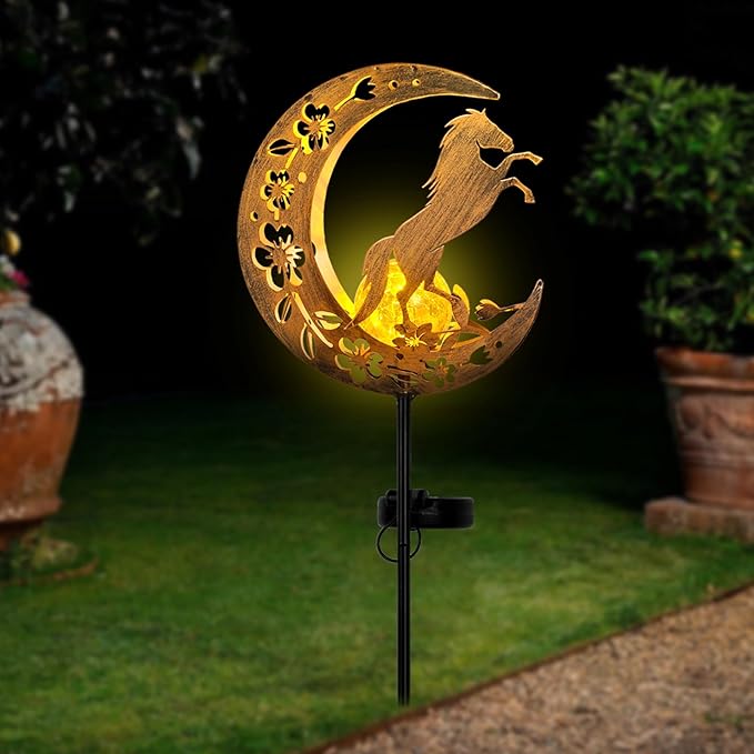 Solar Lights Outdoor Waterproof - Moon & Horse Landscape Lighting, Weatherproof SolarGarden Stakes with 8-10H Auto On/Off, Decorative Pathway Markers for Driveway/Walkway/Equestrian Farms