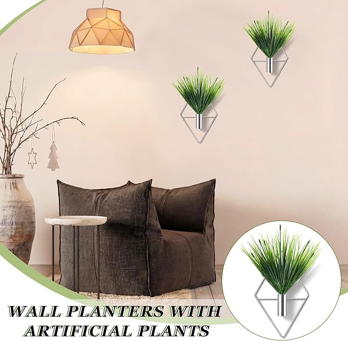 8 Pieces Silver Wall Decor Hanging Planters with Artificial Plants Metal Vase Indoor Aquatic Plant Holder Modern Geometric Wall Art for Home Bathroom Bedroom Living Room Office