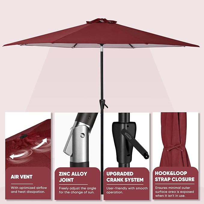 Tempera Patio Market Outdoor Table Umbrella with Auto Tilt and Crank, Large Sun Umbrella with Sturdy Pole & Fade Resistant Canopy, Easy to Set