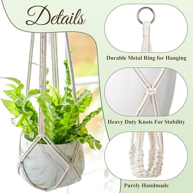 Dahey Macrame Plant Hanger Set of 3 with Hooks Indoor Hanging Planter Basket 35"/29"/23" Handmade Woven Cotton Rope Flower Pot Crochet Plant Holder Stand for Boho Home Decor No Tassels,Beige