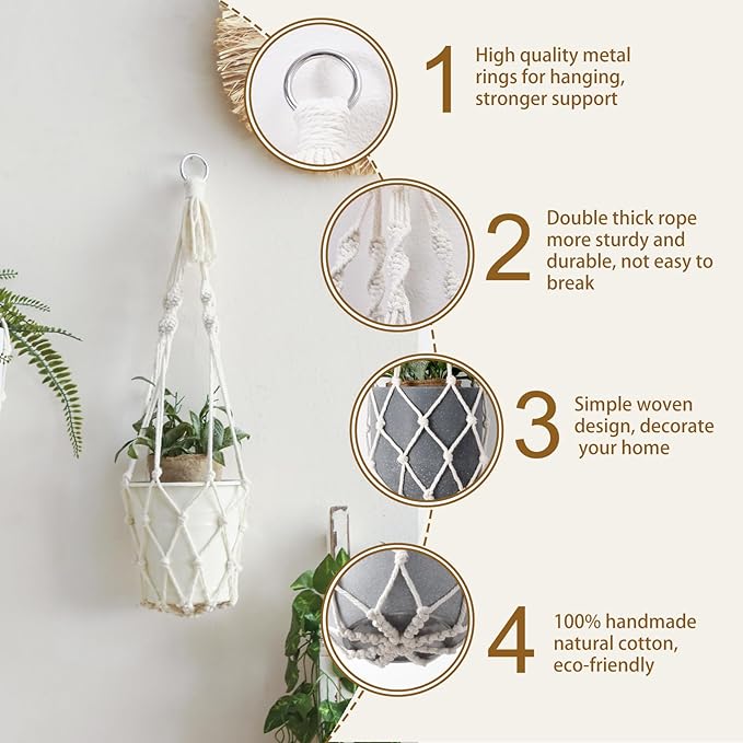 Artilady Macrame Plant Hanger Large Hanging Planter for Indoor Plants Holder White Cotton Rope Hanging Plant Basket Handmade Outdoor Window Boho Plant Wall Decor (White Macrame-2pcs)