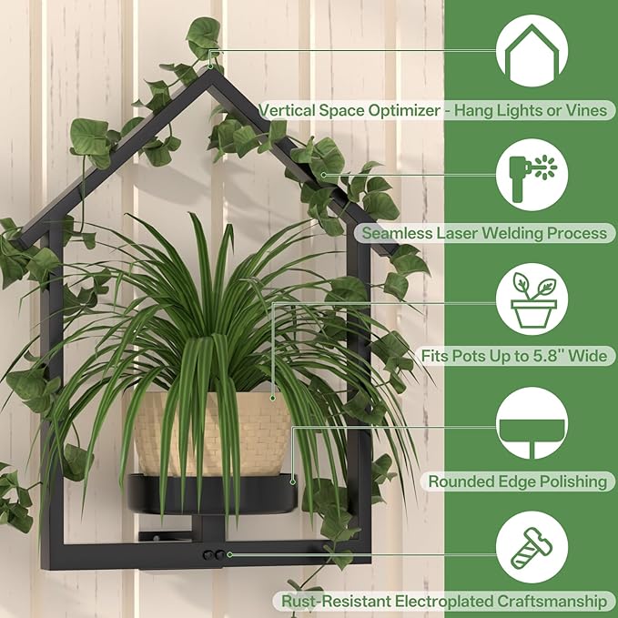 Wall Planters for Indoor Plants with Lights, 2 Pack House Shape Plant Shelves, Anti-Rust Hanging Wall Plant Holder with Warm Light for Home Decor Indoor Outdoor, Entryway Housewarming/Wedding