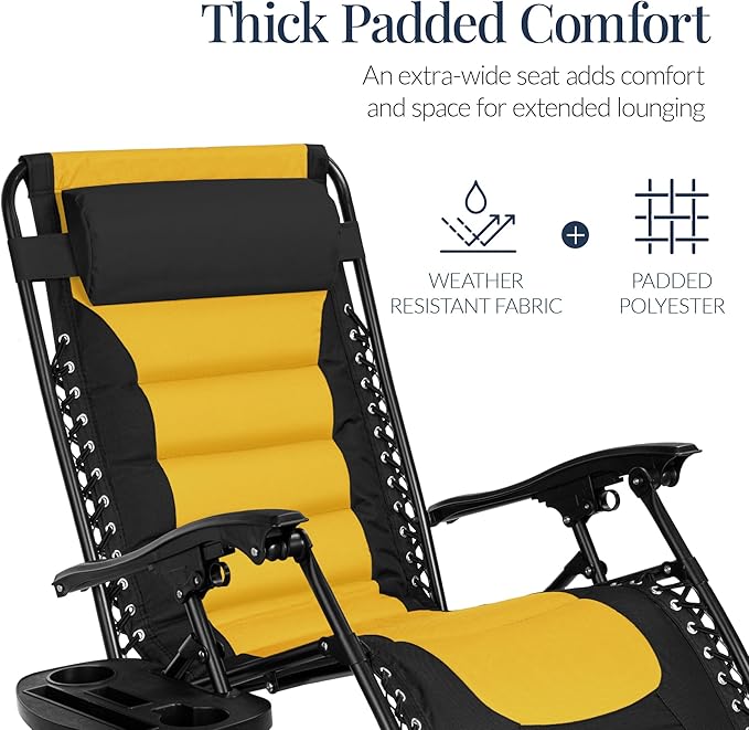 Best Choice Products Oversized Padded Zero Gravity Chair, Folding Outdoor Patio Recliner, XL Anti Gravity Lounger for Backyard w/Headrest, Cup Holder, Side Tray, Polyester Mesh - Black/Yellow