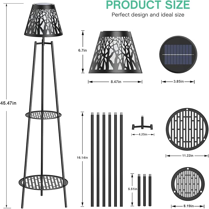 2 Pack 45.5'' Outdoor Floor Lamps with 2 Tier Plant Stand, Solar Powered Metal Waterproof Lights for Patio Deck Yard Garden Porch Decor