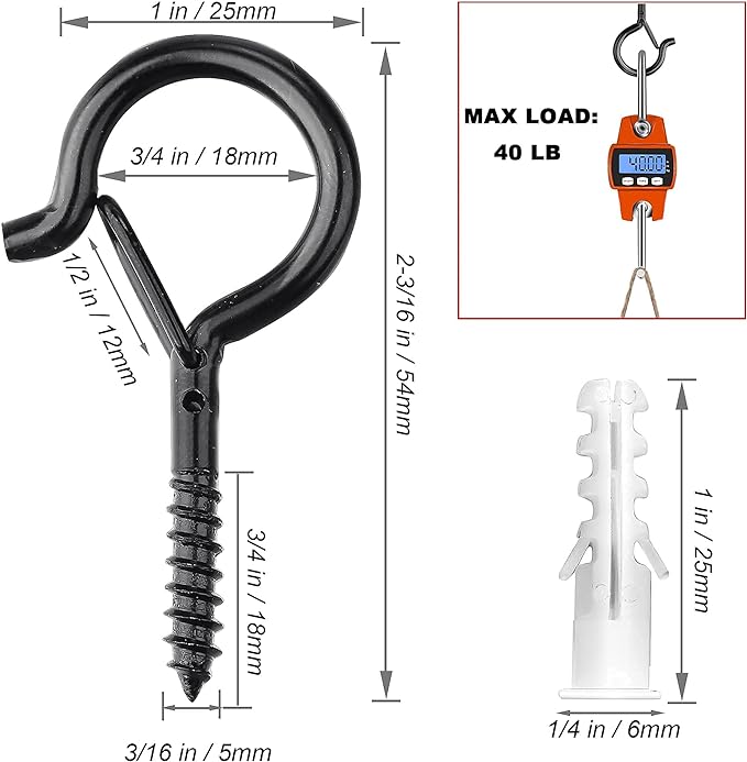 PlusRoc 20 Pack Ceiling Hooks for Hanging Plants Outdoor String Lights Heavy Duty, 2.2 Inch Eye Hook Screw in Cup Hooks Q-Hanger for Patio Lights, Wall Wood Fence Deck Mount(Black)