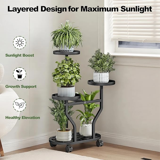 Plant Stand with Wheels 3 Tier Metal Plant Holder Corner Flower Shelf for Multiple Plants Display Rack for Bedroom Living Room Balcony Garden Black (Black, 3 Tier)