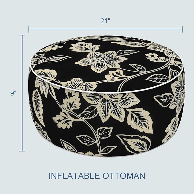 LVTXIII Indoor/Outdoor Inflatable Ottoman with Handle D21 x H9 Inch, Weather-Resistant Round Footstool Pouf for Patio Camping Living Room, Portable Footrest Extra Seating, Elegant Vines Black