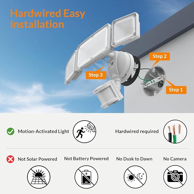 LEPOWER LED Security Lights Motion Sensor Light Outdoor, 38W 4200LM Light, 5500K, IP65 Waterproof, 3 Head Detected Flood Light for Garage, Yard, Porch (White)