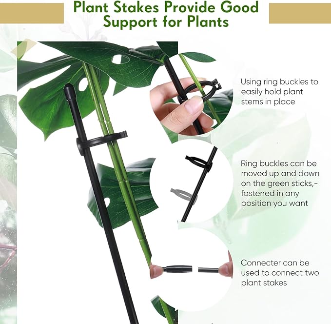 meekoo 30 Pcs Adjustable Garden Plant Support Stakes Single Stem Plant Cage Support Rings with Clips and Connect Pipe for Orchid Rose Tomato, 12 Inch (Black)