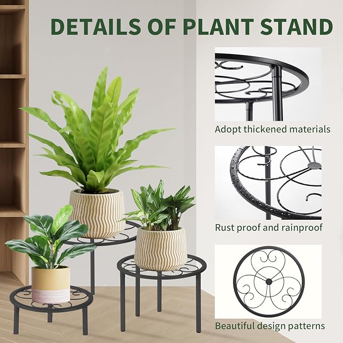 5-piece set of metal plant potted flower racks, heavy-duty flower pot plant racks of different sizes, iron flower racks, suitable for indoor and outdoor home decoration (Black) (5, Black)