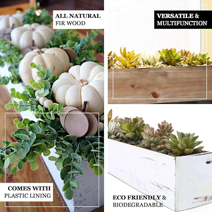 Efavormart 30"x6" Whitewash Wood Planter Box with Plastic Liner, DIY Rustic Rectangle Wooden Box for Succulents, Long Wedding Table Centerpieces and Farmhouse Decor