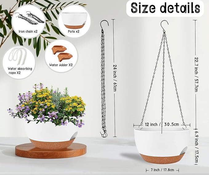 2 Pack 12 Inch Self Watering Hanging Planters for Indoor Plants, Large White Brown Plastic Hanging Pots with Chains for Outdoor Patio Garden Home Decor White Brown