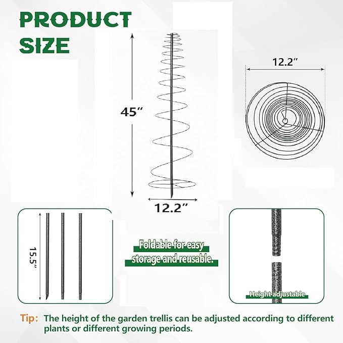 2 Pack Spiral Trellis for Climbing Plants Outdoor, 45 Inch Tall Heavy Duty Metal Garden Tower, Decorative Plant Support with Anti-Tip Stake,Rustproof for Clematis Pole Beans Cucumber Berry Vines Pots