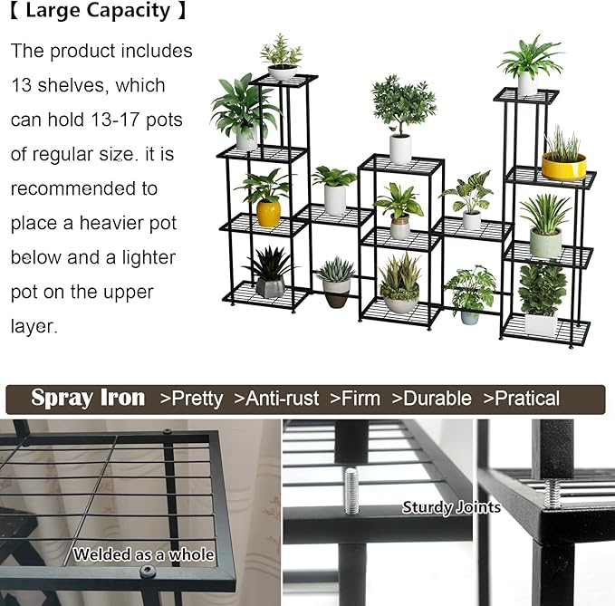 Twhep Tall Multi Tier Plant Stand, 13 Tiers Multifunctional Plant Stands for Indoor Plants, Decorative Black Steel Plant Shelf for outdoor Patio Garden Balcony and Yard