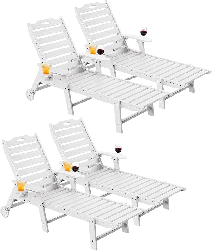 Carauci Lounge Chair Outdoor Set of 4, HDPE Chaise Lounge with Wheels, 5-Position Adjustable Backrest & 2 Cup Holders Patio Lounge Chair, All-Weather Pool Sun Lounger for Poolside, Backyard, White