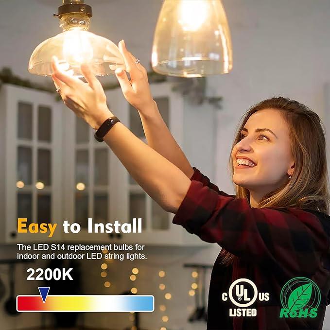 48 Pack LED S14 Replacement Light Bulbs, Shatterproof Outdoor 1 Watt to Replace 11Watts String Incandescent Bulb, Dimmable, E26 Regular Medium Screw Base, 2200K Warm White