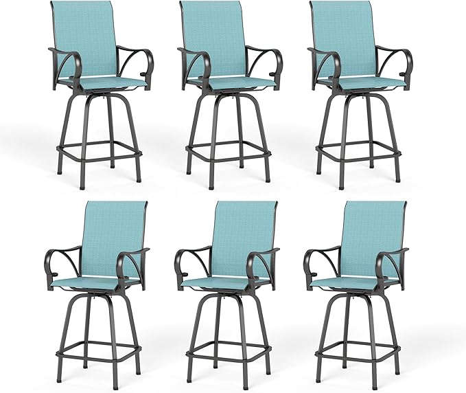 PHI VILLA Outdoor Bar Stools Set of 6, Swivel Patio Bar Stools & Chairs, High Top Bar Seating for Outside, Balcony，Porch and Backyard, Teal