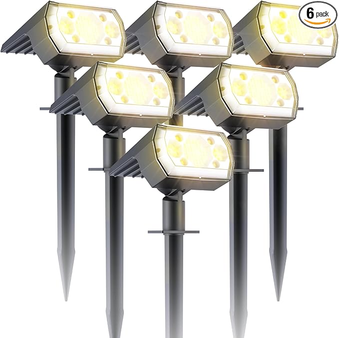 6 Packs Solar Spot Lights Outdoor, 64 LED 3000K Solar Lights Outdoor, IP67 Waterproof, Adjustable Brightness Dusk to Dawn Solar Spotlights for Garden, Yard, Lawn, Walkway, Driveway - Warm White