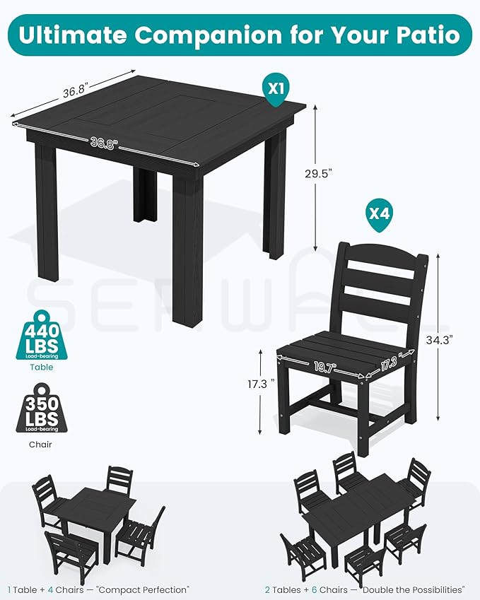 SERWALL Outdoor Dining Set for 4, HDPE Square Table and Chairs Set All Weather Patio Dining Set with 4 Armless Chairs for Patio, Black