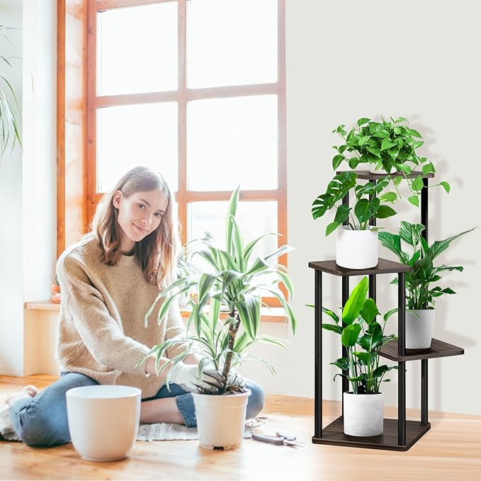 4 Tier Plant Stand Indoor, Thickened Metal Wood Corner Plant Shelf Stands for Multiple Plants, Indoor Tall Plants Stand Tiered Flower Holder for Living Room Patio Garden Balcony(Black+Oak)