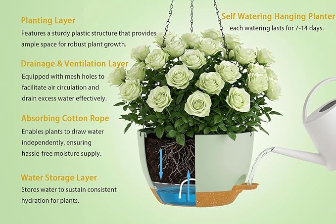 Hanging Planters, 3-Pack 10 Inch Self-Watering Pots with Drainage Holes and Chains, Matte Plastic Planters for Indoor/Outdoor Plant（Green Brown）