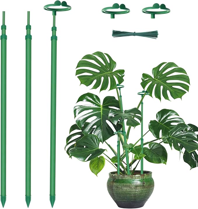 Extendable Plant Stakes,Adjustable Length from 17.9IN to 42.3IN Monstera Support Stakes with Clips,Sturdy Plant Stakes for Indoor Outdoor,Garden Sticks for Tomato,Orchid,Climbing Plants- 3Pack
