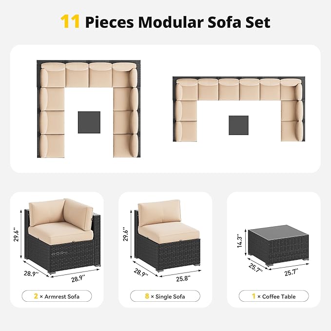 Aoxun Patio Furniture Set, 11 Piece Outdoor Sectional Sofas with Waterproof Cover, 10 Seats Wicker Rattan Outdoor Furniture Patio Conversation Set for Backyard, Garden Begin