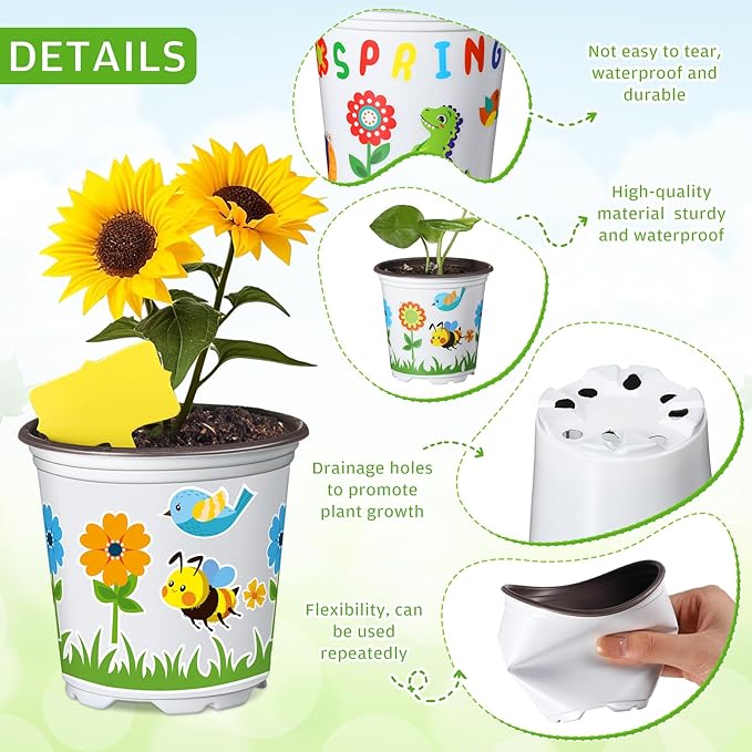 Capoda 24 Sets Garden Flower Pots Crafts Kit DIY Spring Plastic Seedling Nursery Pots with Stickers Plant Labels Growth Charts Planting Growing Tools Classroom Activities Project Gifts (Round)