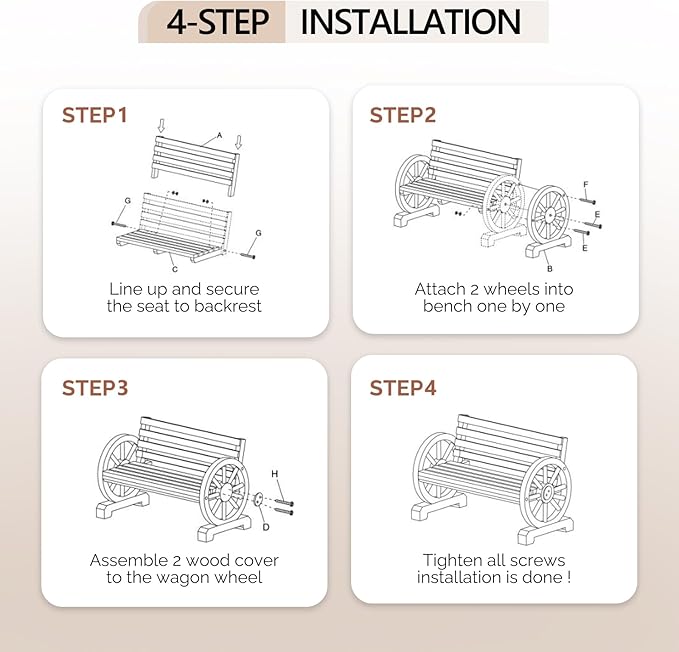 VINGLI Rustic Wooden Wheel Bench Outdoor Bench, Patio Bench Wagon Slatted Seat, Garden Benches for Outdoors 350lbs High Capacity, Weather Resistance (White, 41in)