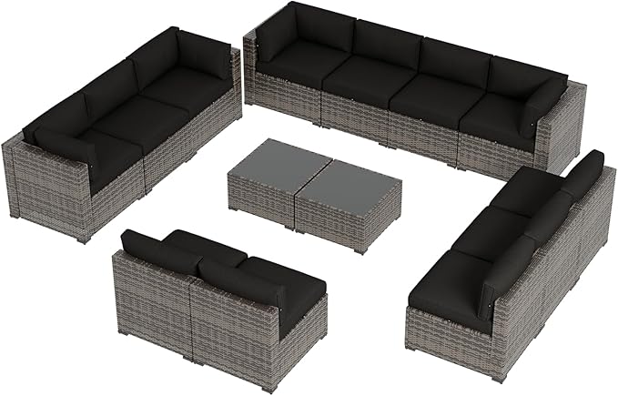Aoxun Patio Furniture Sets, 14-Piece Outdoor Patio Furniture with 44'' Propane Gas Firepit Table, Wicker Outdoor Conversation Set Sectional Sofa for Backyard, Poolside, Garden