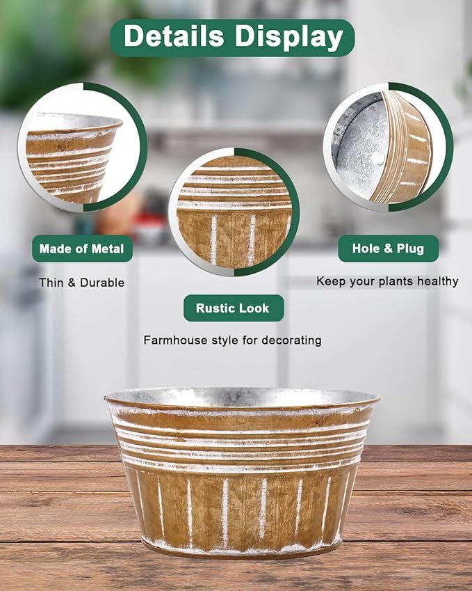 vensovo 10 Inches Brown Metal Rustic Plant Pots - 4 Pcs Large Shallow Galvanized Planters with Drain Hole and Rubber Plug, Rustproof Tin Bucket Succulent Pot Indoor Farmhouse Vintage Style for Decor