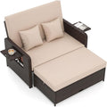 Tangkula Patio Rattan Daybed with 4-Level Adjustable Backrest, Outdoor PE Wicker Loveseat with Storage Ottoman & Folding Side Tray, Double Sunbed Lounger for Balcony, Backyard & Poolside