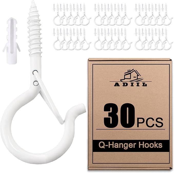 ADIIL 30 PCS Q Hanger Hooks with Safety Buckle, Windproof Screw Hooks for Hanging Outdoor String Lights, Plants, Christmas Patio Lights, 2.2 Inches, White