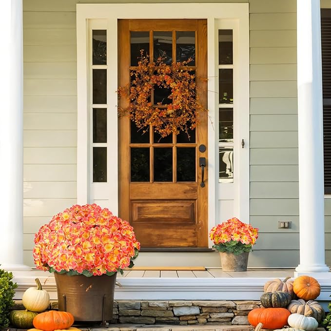 Artificial Fall Flowers for Outdoors, 6 Bundles Realistic Silk Fake Geraniums, No Fade Autumn Faux Plants for Hanging Baskets, Window Boxes, Planters - Porch, Patio, Garden Decor(Sunset)