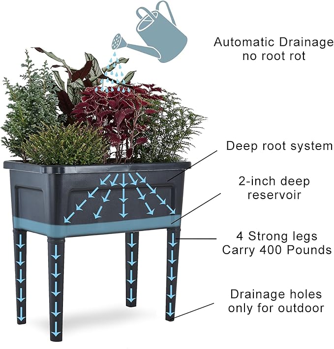 4 Pcs Plastic Raised Garden Beds with Legs，16 Gallon Outdoor Elevated Garden Planter Box，Perfect for Flowers, Vegetables, and Herbs
