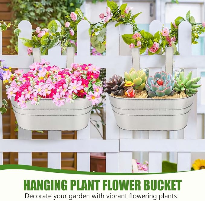 OBTANIM 4 Pack Metal Hanging Flower Pots Iron Railing Planter Outdoor Fence Hanging Pots Bucket Plant Holder with Detachable Hooks Drain Holes for Home Garden Yard Decor (White)