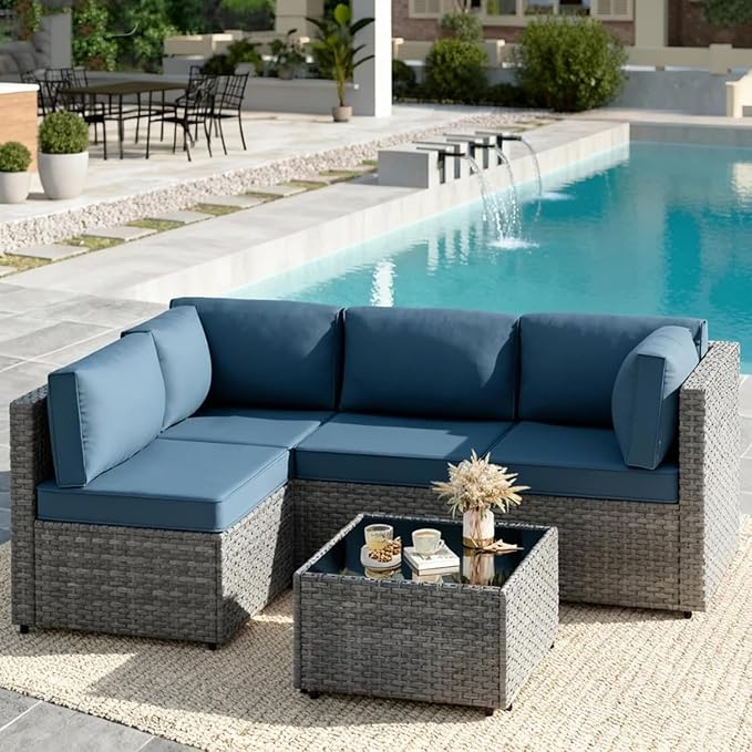 JAMFLY Patio Furniture Sets, 5-Piece Outdoor Patio Furniture with Thick Cushions, Wicker Outdoor Conversation Set Sectional Sofa for Backyard, Poolside, Garden, Aegean Blue