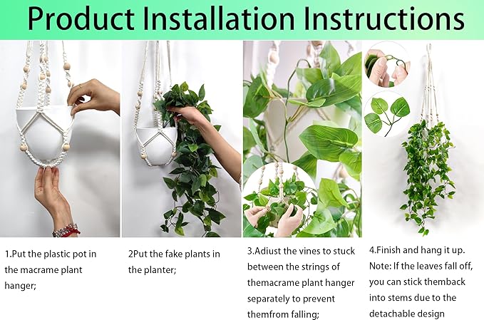 Comtelek 2 Packs Fake Hanging Plant with Pots for Home Decor Artificial Hanging Basket Plants Macrame Plant Hanger with Faux Vines Greenery for Bedroom Bathroom Room Wall Boho Decor Indoor Outdoor