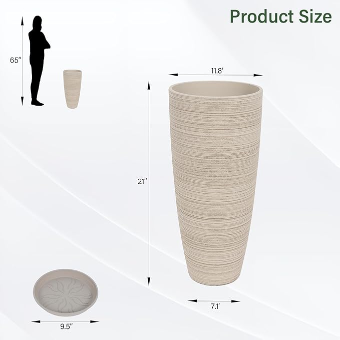 Set of 2 Tall Planter, 21 inch Large Plastic Planter with Drain Hole & Saucers, Large Outdoor Planters for Porch, Garden, Patio, Balcony(Oat Color)