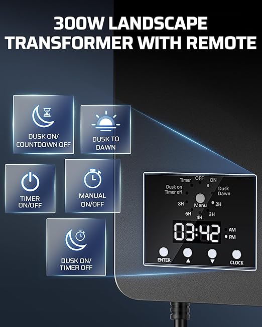DEWENWILS 300W Low Voltage Landscape Transformer, 120V AC to 15V DC, Outdoor Landscape Lighting Transformer with Remote, Photocell Sensor & Timer, Weatherproof for Garden Spotlights Pathway Lights