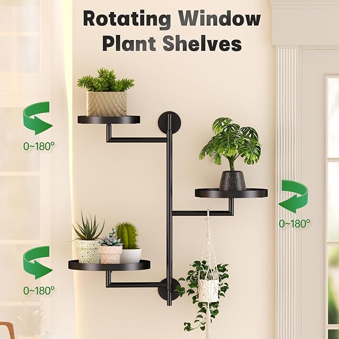 Window Rotating Plant Stand Shelf Indoor Black Metal Floating Shelves 3-Tier Wall Mount Plant Holders for Living Room Wall Planter Modern Home Decor for Gardening