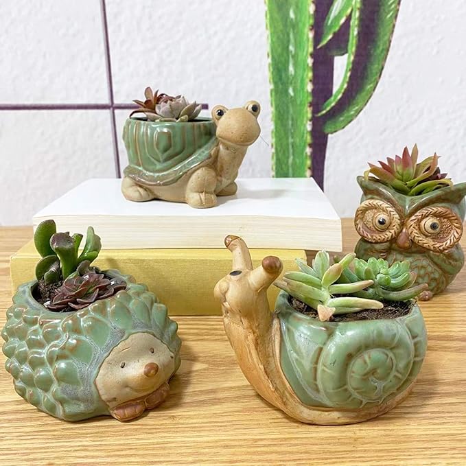 Small Ceramic Succulent Pot with Drainage, Animal Succulent Planter, 4.4 Inch Flower Pots, for Flower, Cactus, Mini Succulent Plants, Indoor and Outdoor use, Set of 4 Garden Gift