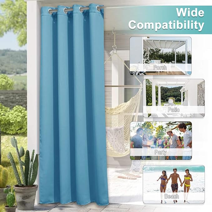 NICETOWN Sunlight Blocking Teal Blue Outdoor Curtain 95" L for Patio Waterproof, Thermal Insulated Stainless Steel Grommet Outdoor Indoor Window Curtain/Drape for Porch, 1 Panel, 52" W