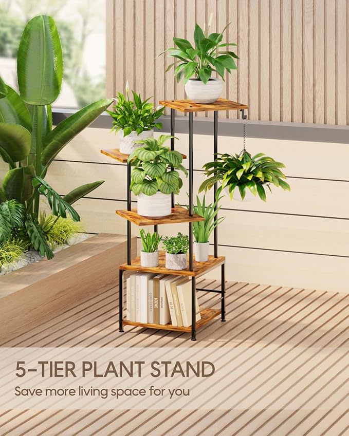 Plant Stand Indoor, 5-Tier Tall Plant Stand Indoor, Metal Plant Shelf with Hanging Basket Hook, Ideal Corner Plant Table for Living Room, Balcony, Garden, Patio (Brown)
