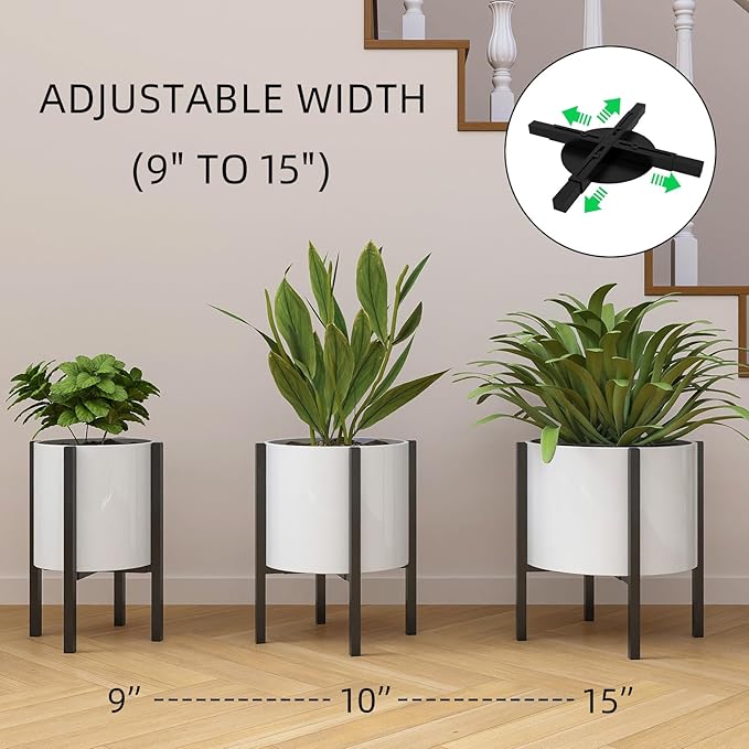 Adjustable Metal Plant Stand Indoor, Mid Century Modern Outdoor Planter Holder for 9 to 15 Inch Pots, Heavy Duty 160 LB Load, Corner Floor Stand for Home Garden Decor Black with Round Plate