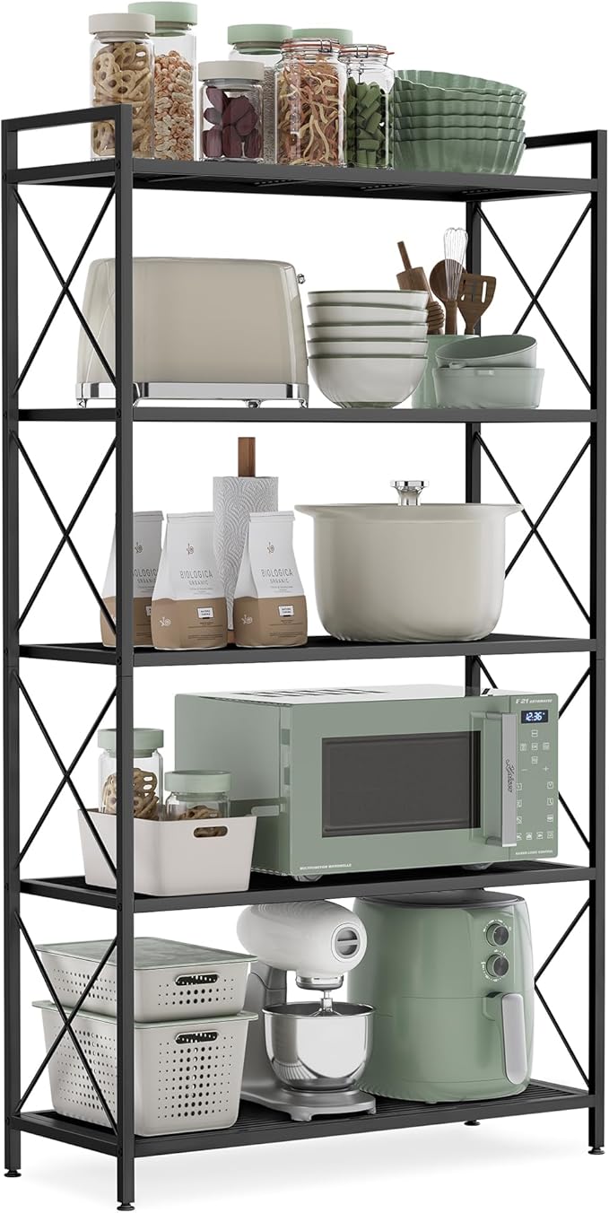 SONGMICS 5-Tier Metal Storage Rack, Shelving Unit with X Side Frames, Dense Mesh, 12.6 x 31.5 x 57.3 Inches, for Entryway, Kitchen, Living Room, Bathroom, Industrial Style, Ink Black UBSC185B01