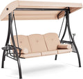 HOMREST 3 Seat Outdoor Porch Swing with 1.5" Deepened Cup Holder, Adjustable Canopy, Patio Swing Bed with Stand, Patio Glider Swing with Thicken Cushions, Pillow for Yard, Garden(Khaki)